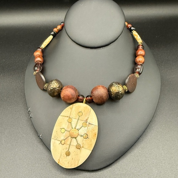 Vintage Handcrafted Carved Camel Bones with Brass Inlayed Wooden Beaded Necklace - Picture 3 of 17